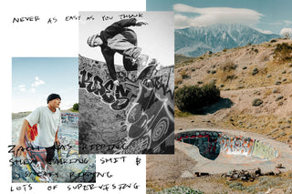 A collage of skateboarders at the Nude Bowl with scribbles on top.